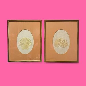 vintage! 80's! gold frame peach embossed shell print hanging wall decor set!